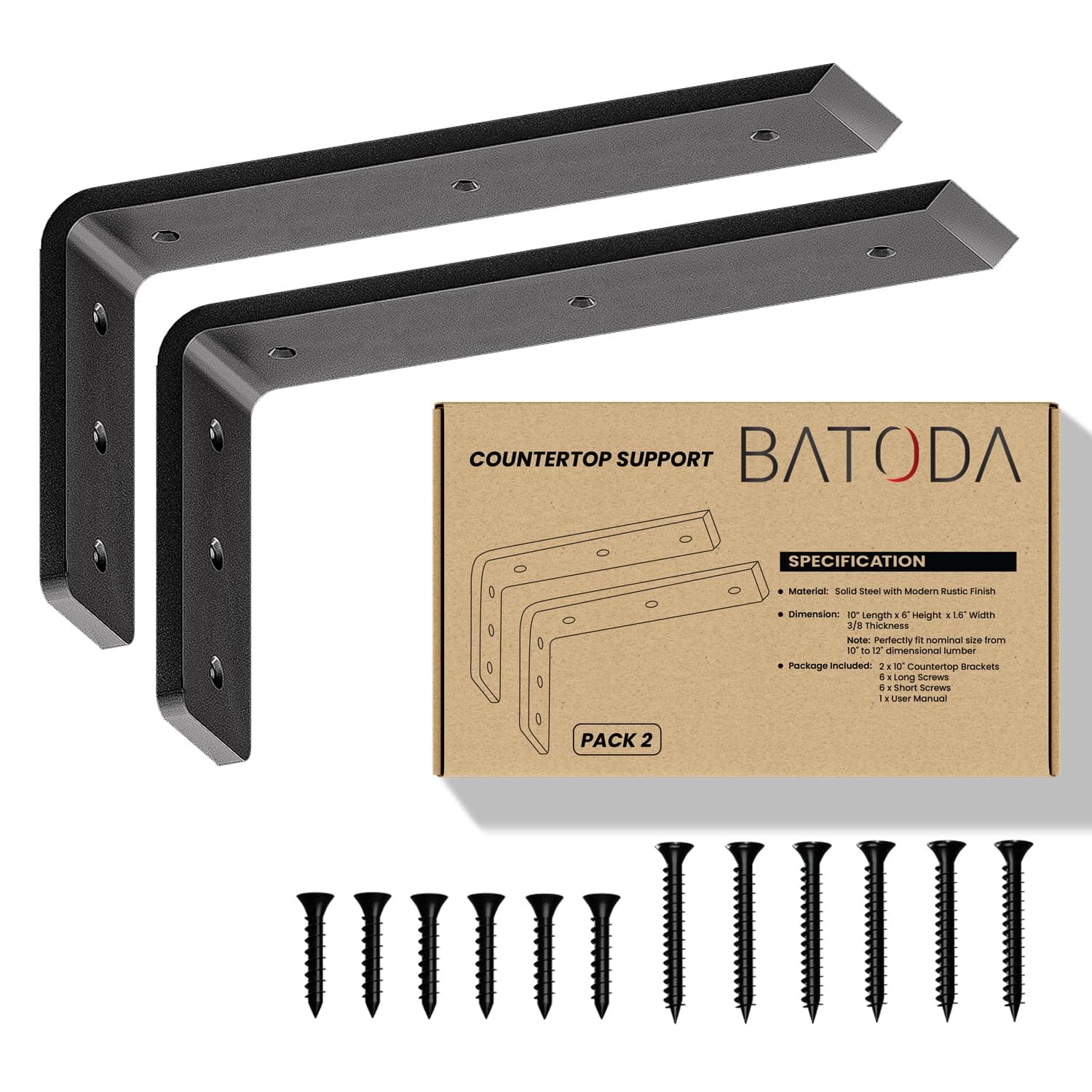 BATODA 12” Countertop Support Brackets for Granite (2 pcs) - Heavy Duty L Shelf Bracket - Wall Mounted Support for DIY Open Shelving – Blind Shelf Support - Shelving Mounting Hardware Included(Pack 2)