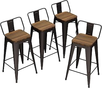 Bar Stools Counter Height Stools Industrial Style Metal Barstools with Backrests and Wooden Seats Set of 4 (26 Inch, Rusty with Wooden Seats)