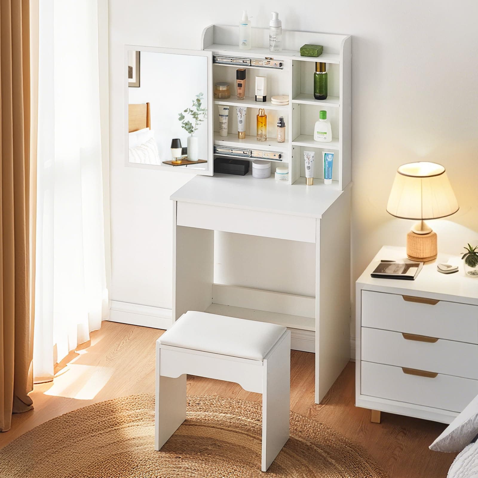 Dressing Table White with Sliding Mirror and Stool Makeup Table with 7 Shelves and 1 Large Drawer Dressing Table Organiser Home Bedroom Furniture