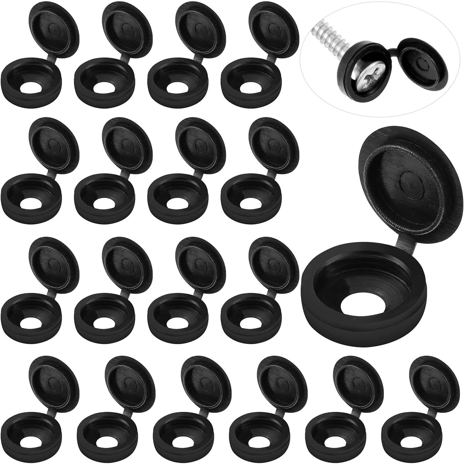 Hotop 100 Pieces Hinged Screw Cover Caps Plastic Shutter Fold Screw Snap Covers Washer Flip Tops(Small,Black)
