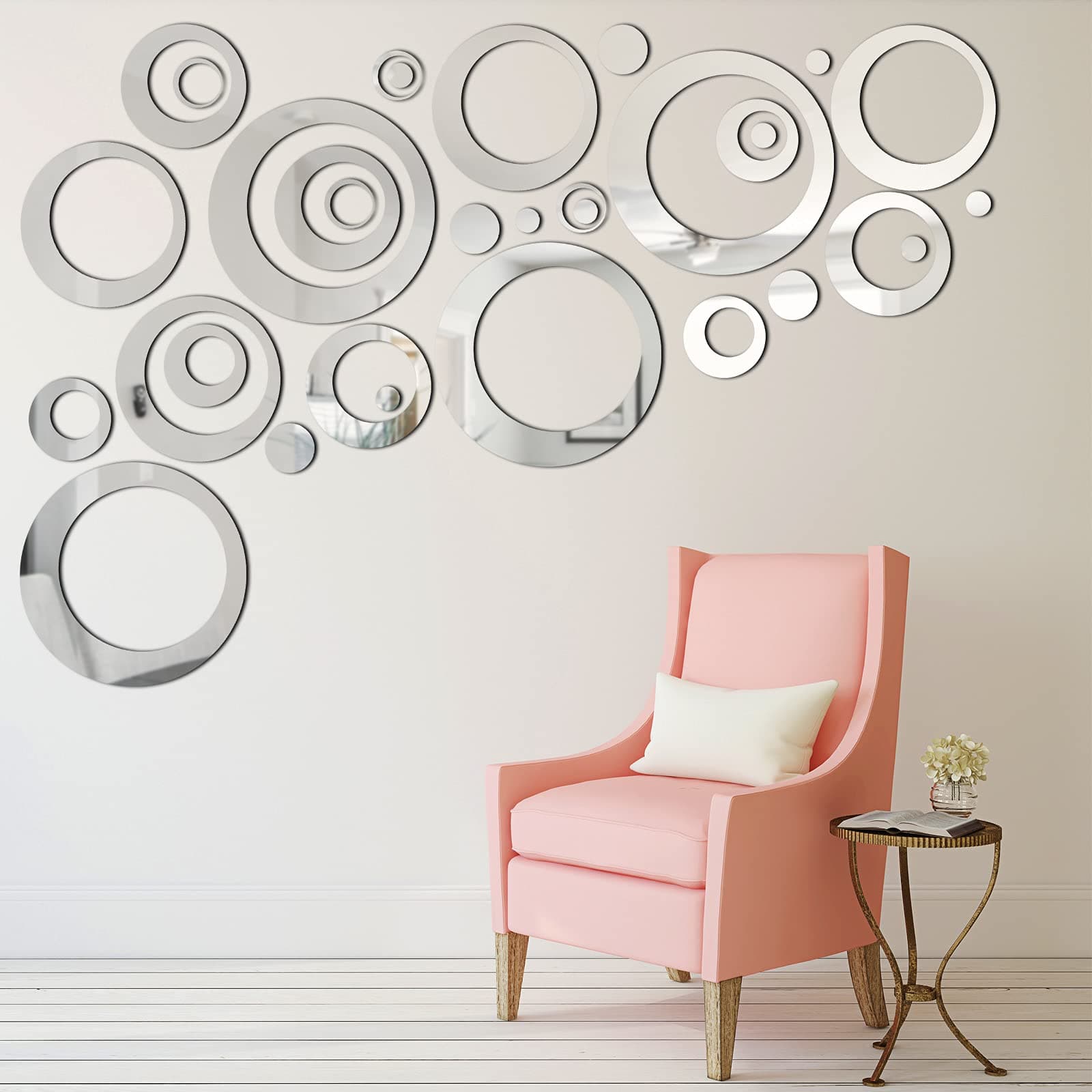 Shappy Removable Wall Mirror Sticker Decal Acrylic Setting for Home Living Room Bedroom Decor, 1.5-13.5 cm, 32 Pieces (Silver)