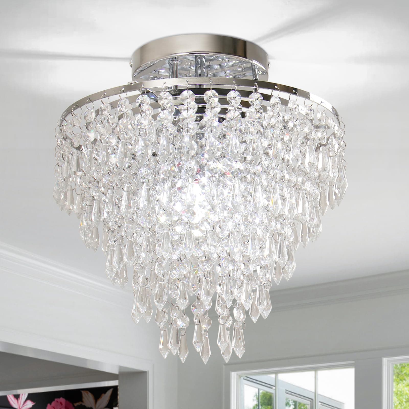 FRIXCHUR 11.8" Crystal Chandelier Chrome Flush Mount Ceiling Light 5 Tiers Raindrops Silver Chandeliers for Bedroom Hallway Living Room, E26 Base