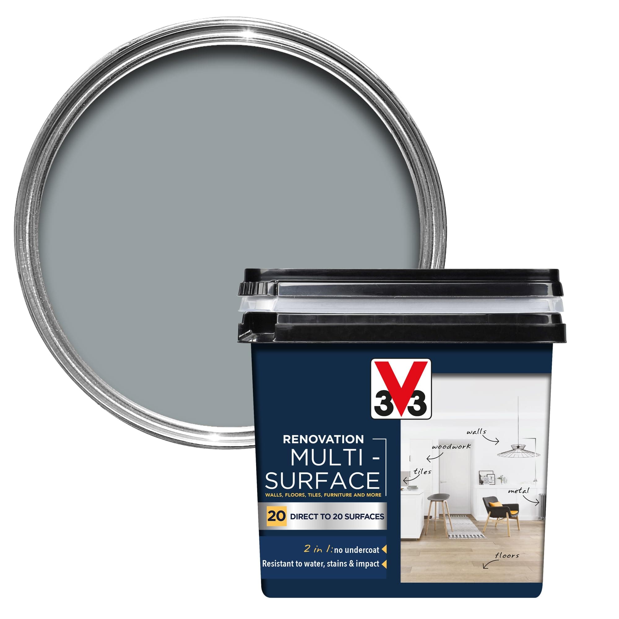 V33 Renovation Multi-Surface Paint - No Undercoat Needed - Over 20 Surfaces - Resistance To Water Stains & Impact - High Coverage - Pebble Grey Satin 750ml