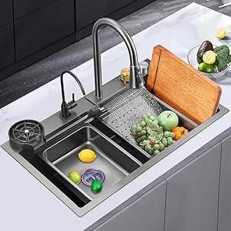HARDSTONE 304 Grade 30x18x9 Inch Stainless Steel Silver Multifunctional Kitchen Sink with Waterfall Outlet 360° Pull-Down Faucet & Cup Washer& Ro Tap Anti-Scratch Honeycomb Sink