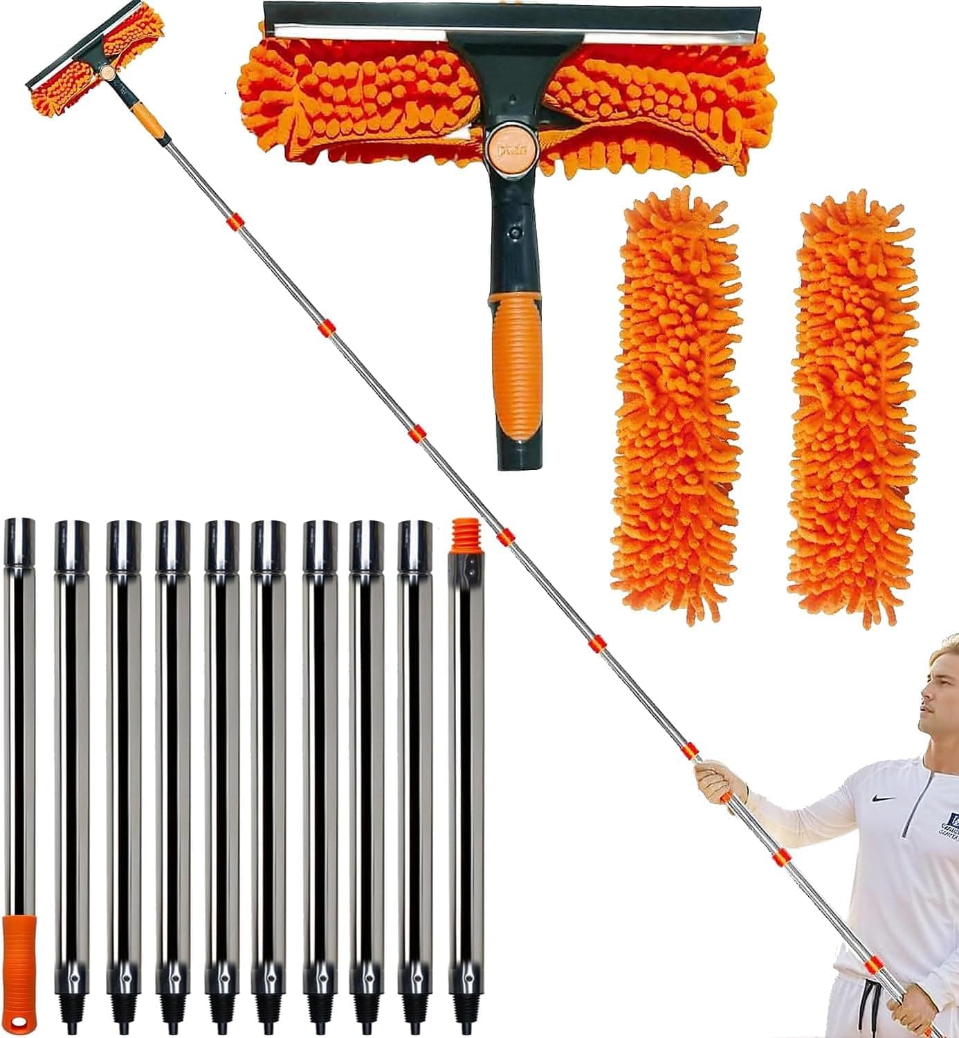 20+ Ft Reach 2 in 1 Window Washing Squeegee with 3-14 ft Spliceable Extension Pole // Window Cleaning Tool & Window Washer Squeegee for Home Indoor Outdoor Window Washing