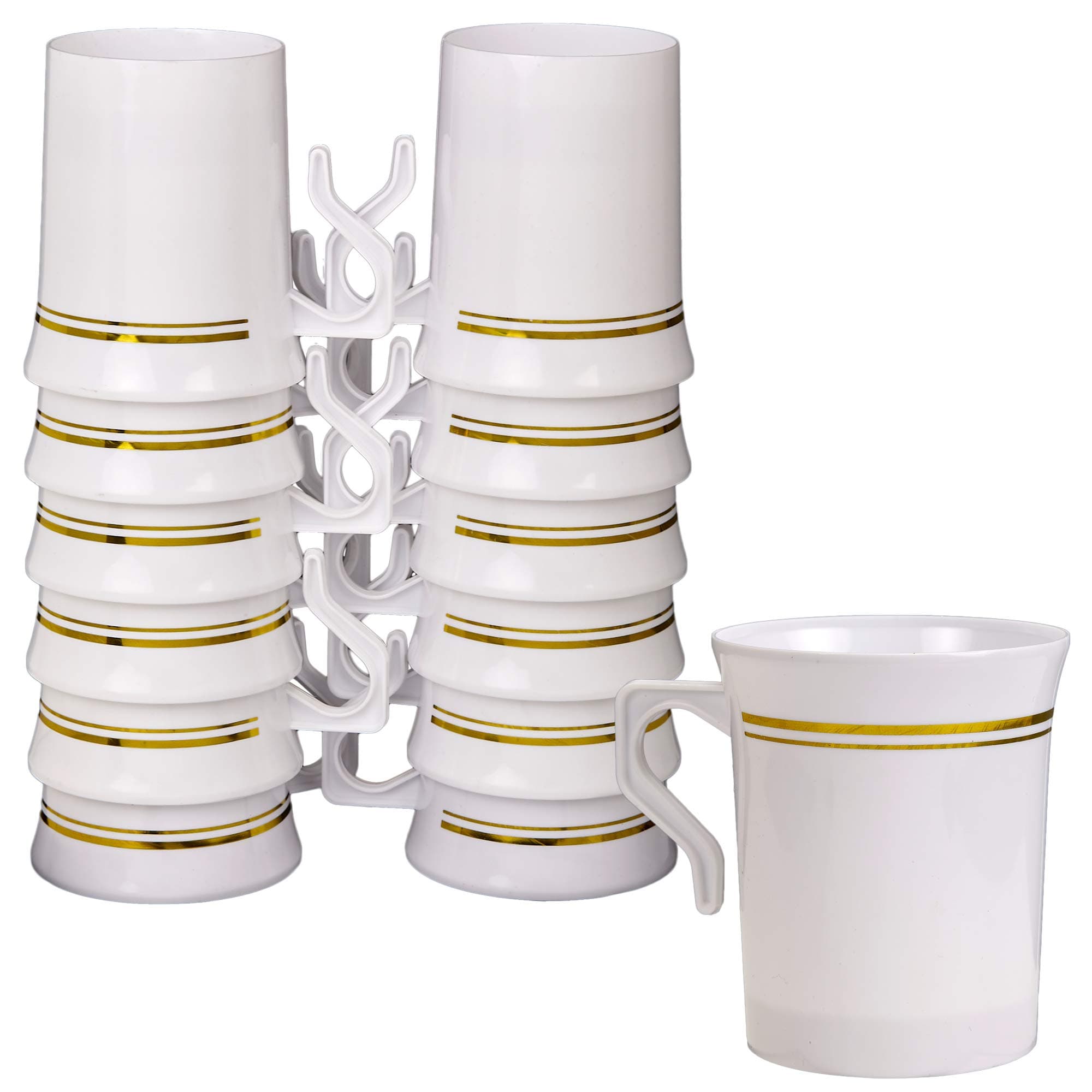 Plastic Tea and Coffee Mugs with Handles, 12 Pack – Elegant Disposable 8 oz Hot Cups for Parties, Events, Weddings - Heavy Duty, Reusable or Disposable - White and Gold Rim - by Prestee