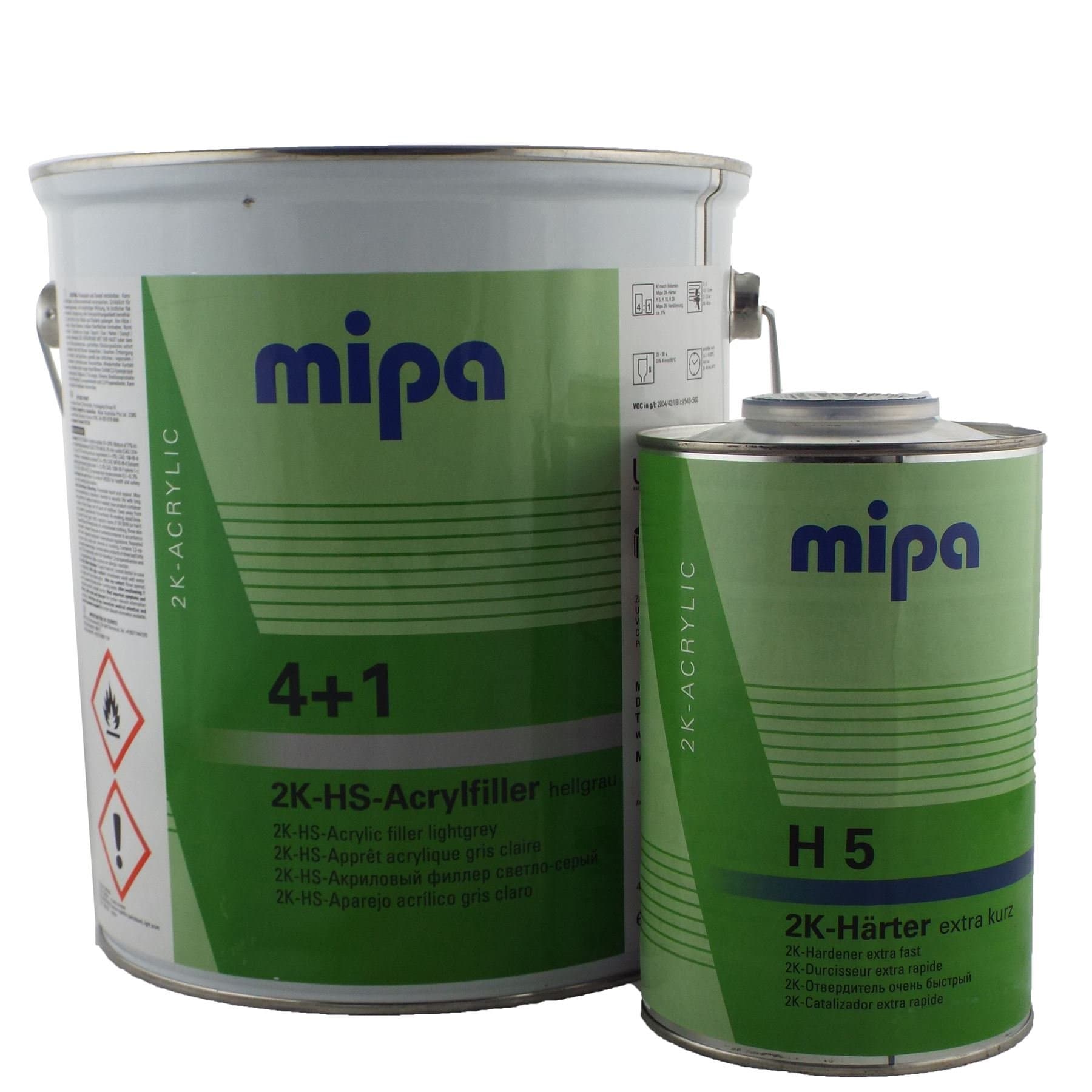 Mipa 2K HS Primer 4 Litre Light Grey With H5 2K Extra Fast Hardener 1 Litre Quailty Filling Properties Very Easy To Sand Suitable To Fill Partial Areas