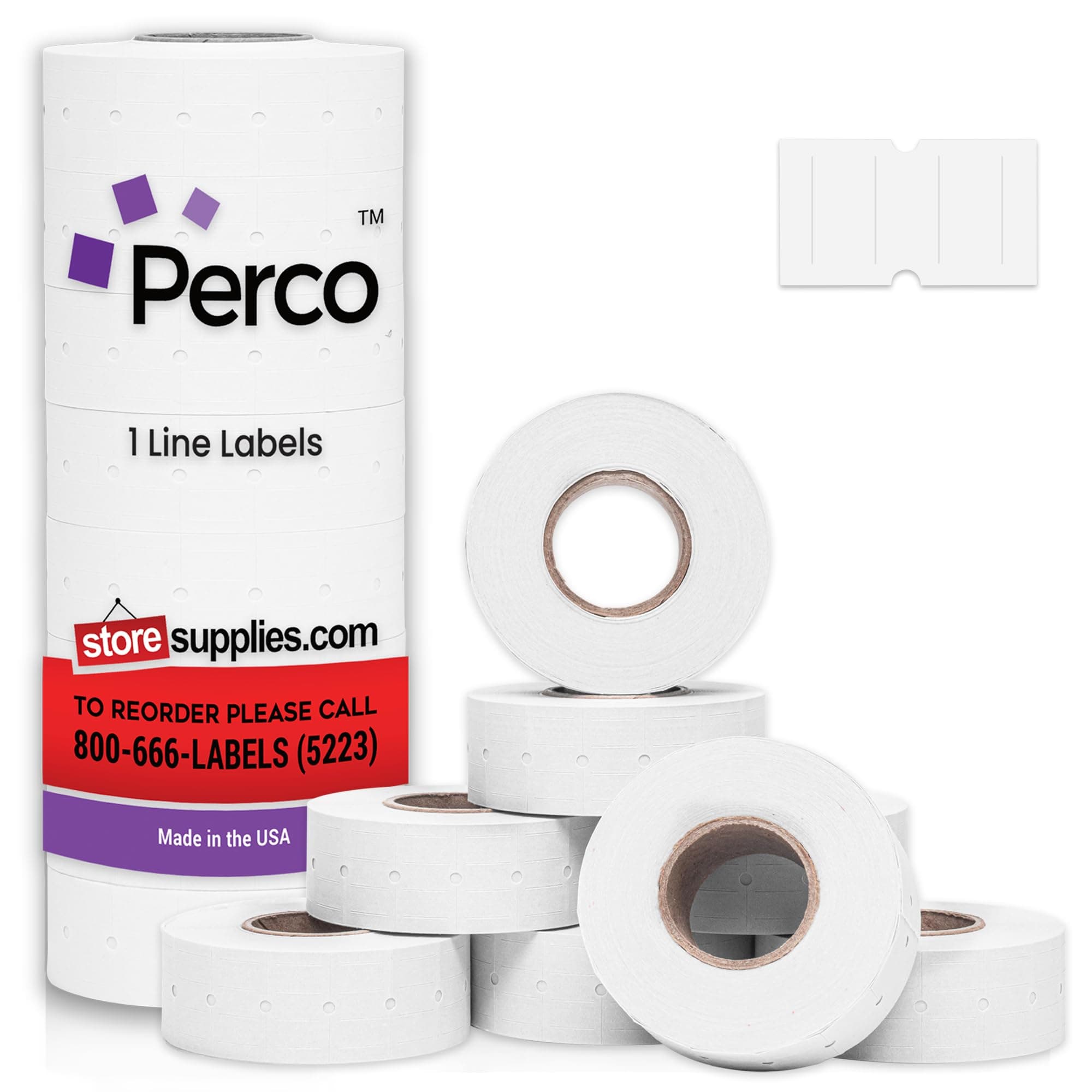 Perco 1 Line White Labels - 8 Rolls, 1 Sleeve, 8,000 Blank Price and Date Gun Labels for Perco 1 Line Price and Date Guns - Made in USA