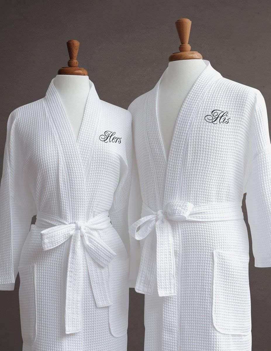Mr. & Mrs. Couple's Waffle Weave Bathrobe Set - 100% Egyptian Cotton - Unisex/One Size Fits Most - Spa Robe, Luxurious - Perfect Wedding Gift (Black Monogram, His & Hers with Gift Packaging)