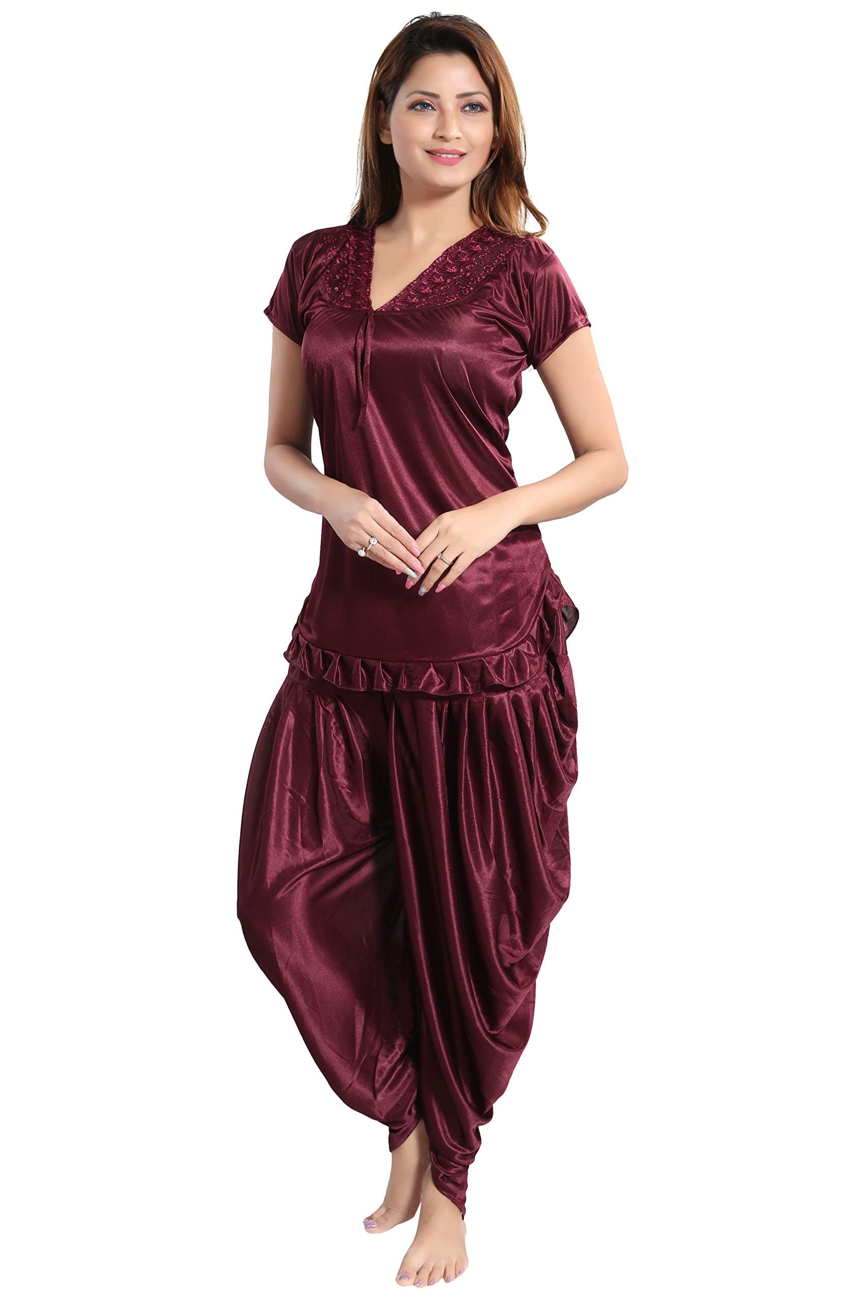 Romaisa Women's Satin Solid Nightsuit Regular Length Top with Pyjama (Size - Free Size)