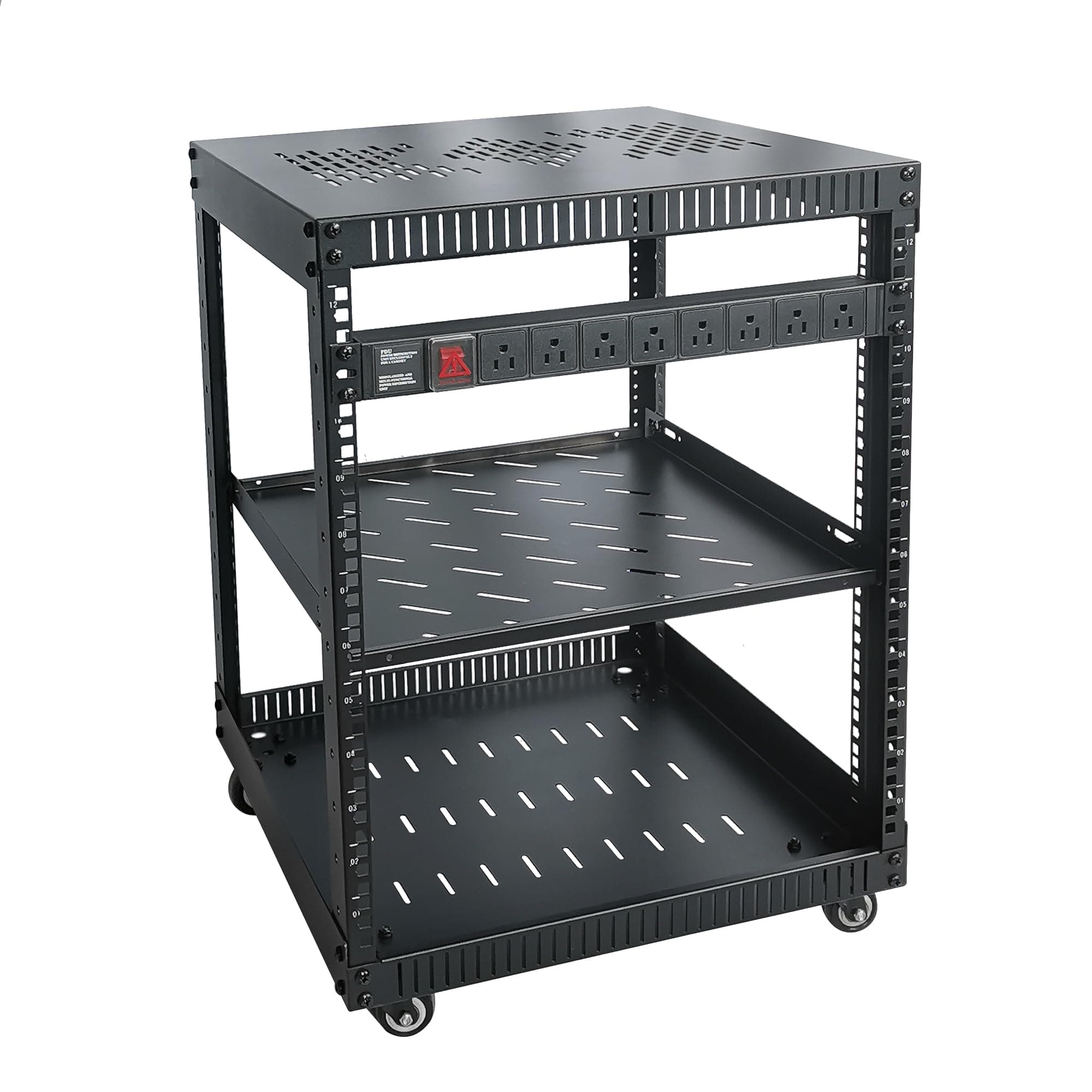 - RIVECO 12U Network Rack with Reinforced Top Cover - 4 Post Floor Rack on Wheels for 19" Equipment & Stereo Gear- Including Rack Mount Power Strip & 1PCS 1U Rack Shelf