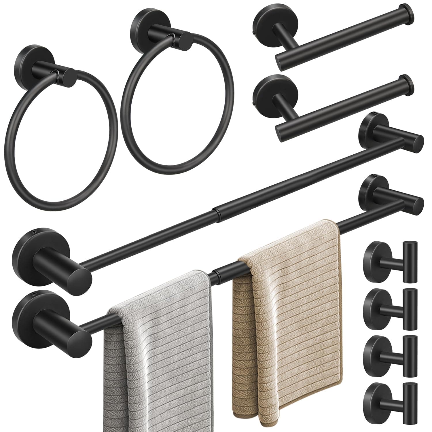 10pcs Matte Black Bathroom Hardware Set, Including 2pcs 24in Retractable Hand Single Towel Bar with 2pcs Toilet Paper Holders, 2pcs Towel Rings 4pcs Multifunctional Robe Hooks