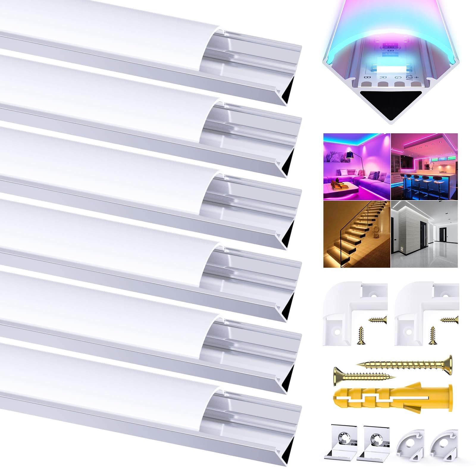 Aluminium LED Profile with Cream White Cover, LED Channel and Diffuser, Metal Mounting Clips, 90 Degree Connector