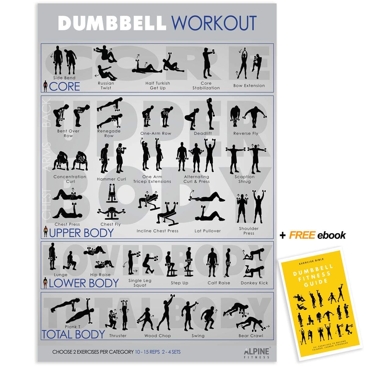 Dumbbell Workout Exercise Poster Guide - 30x20" UV Gloss Laminated Gym Chart