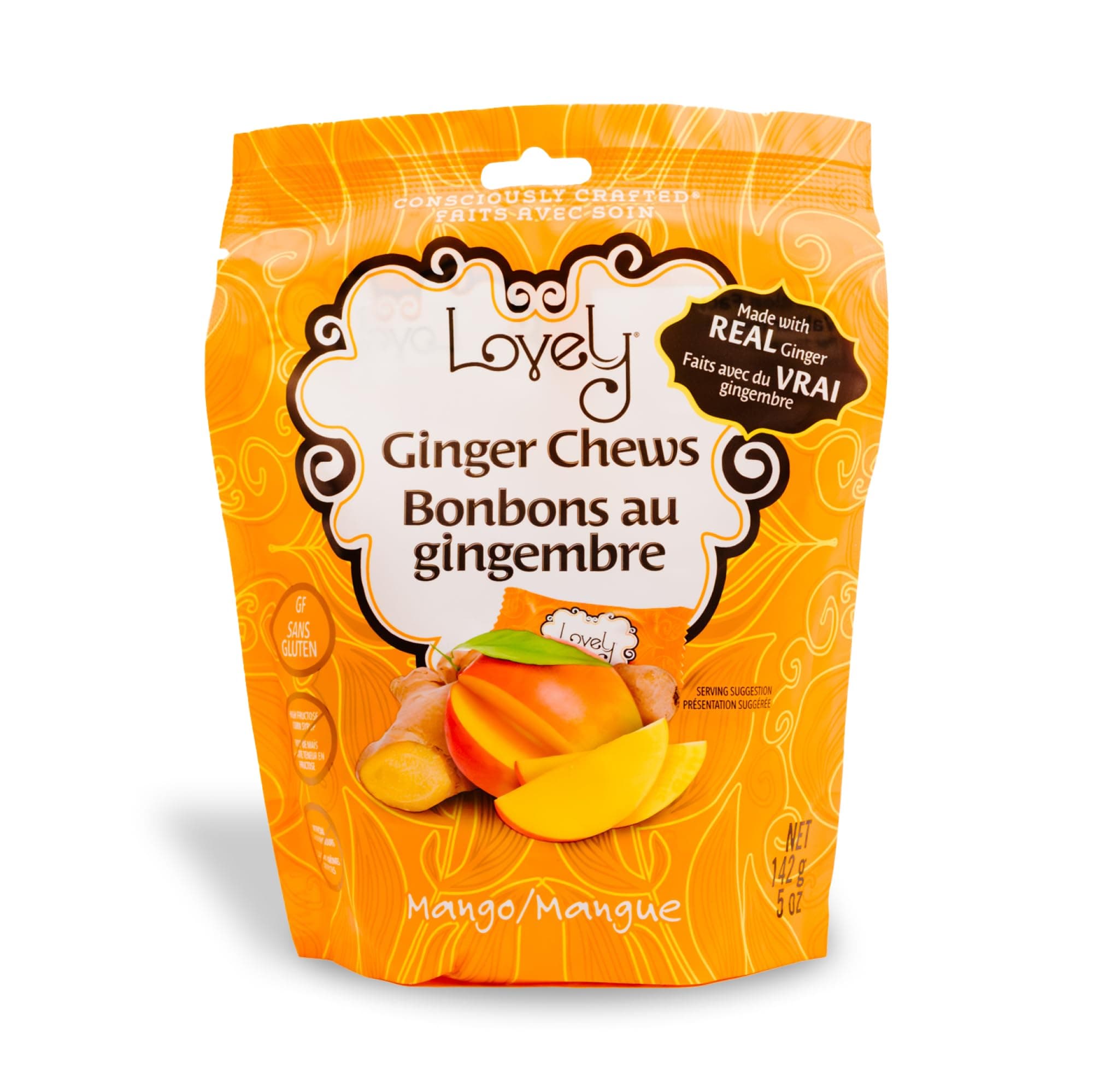 Lovely Candy Co. Mango Ginger Chews, Made with Real Ginger, Individually Wrapped, 14oz (1-Pack) | Gluten-Free, Non-GMO, NO Artificial Ingredients, NO High Fructose Corn Syrup | 4 Simple Ingredients!