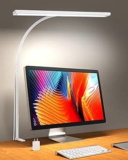 Clamp Desk Lamp with Adjustable Brightness, Eye-Caring LED, Rotatable Head, USB Powered, Space-Saving Design for Office, Reading, Work, and Home Desktop Lighting - White
