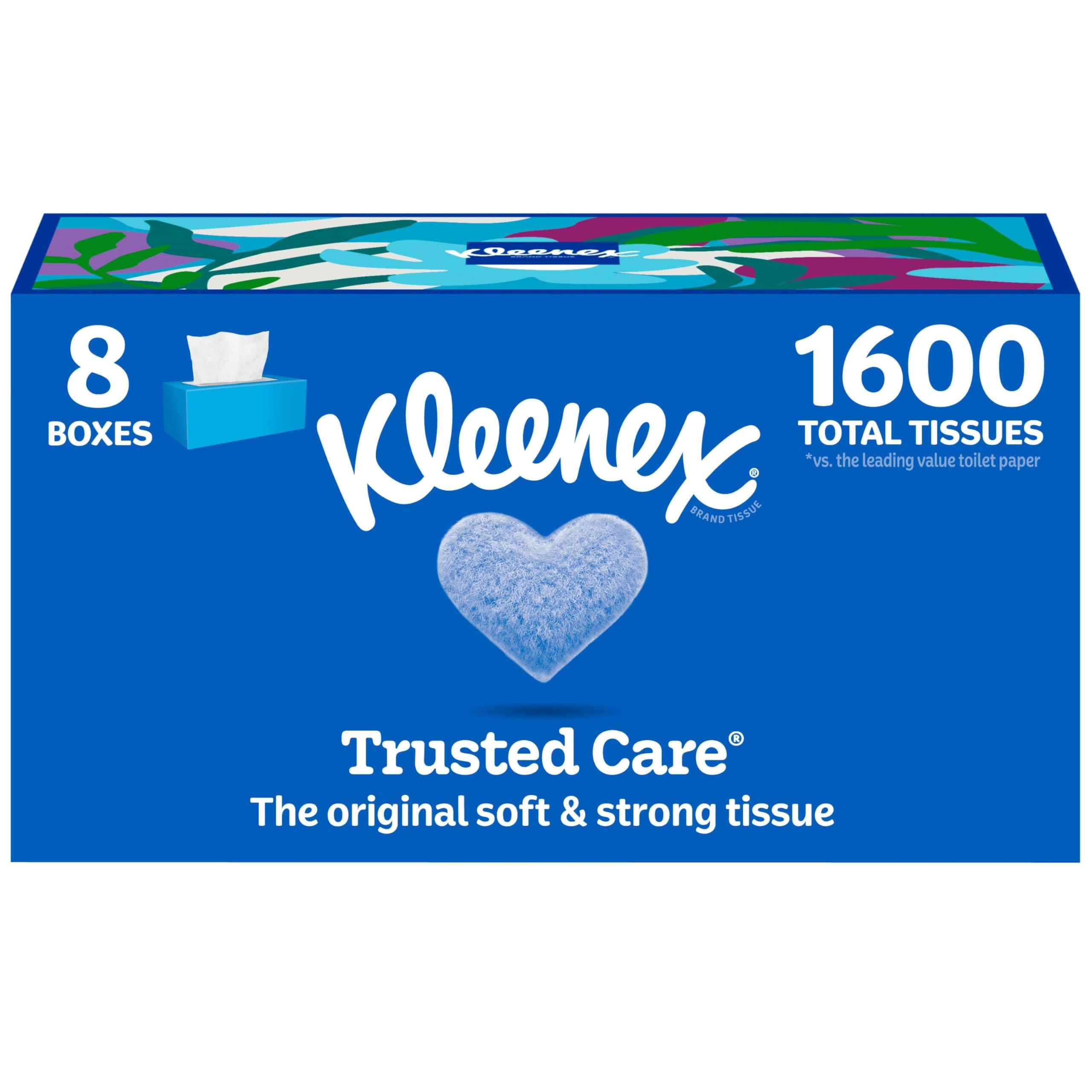Kleenex Trusted Care Facial Tissues, 8 Flat Boxes, 200 Tissues per Box, 2-Ply, Packaging May Vary