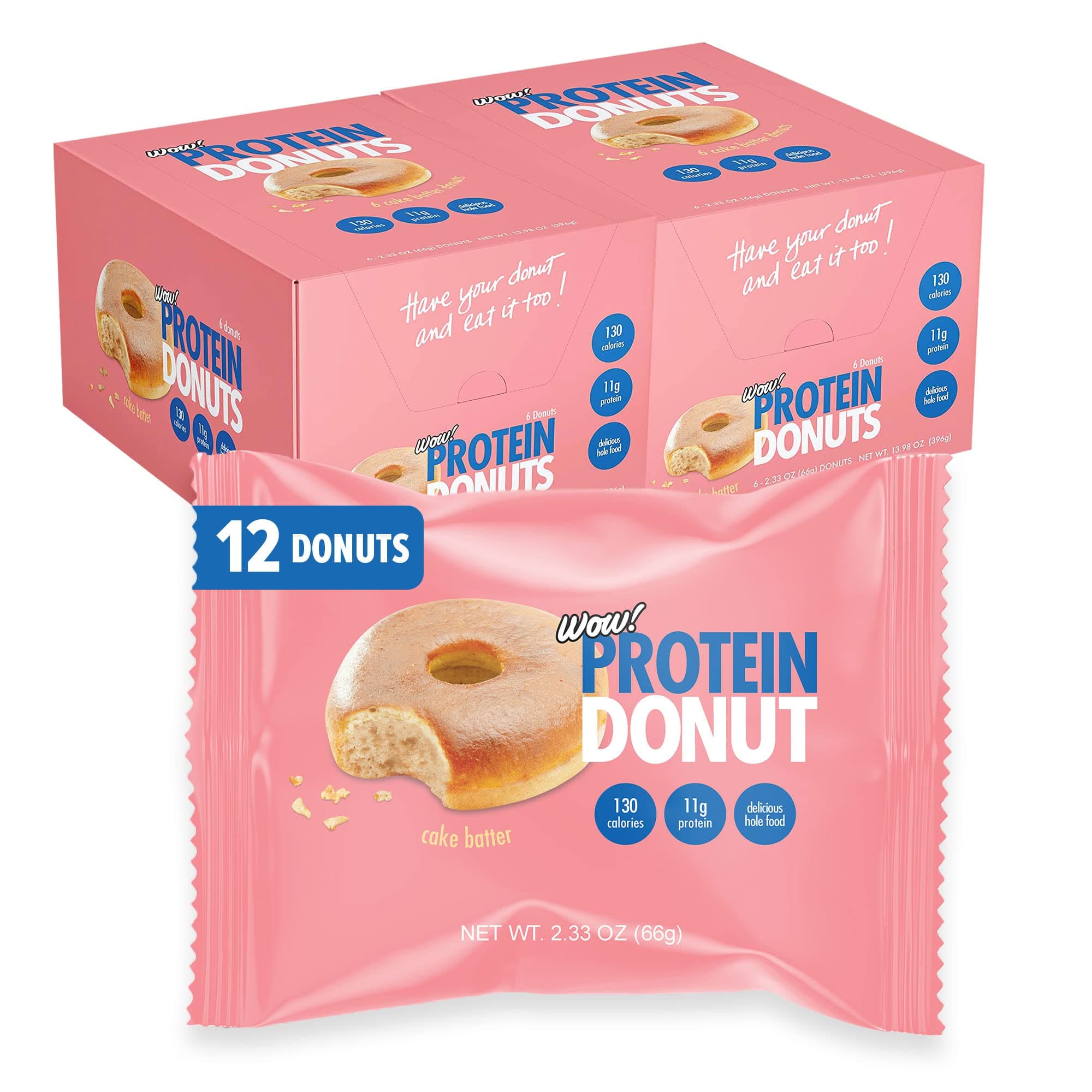 Wow! Protein Donuts, High Protein Snacks, Low Carb, Low Calorie, & Low Sugar, Healthy Snack with 11g of Protein (Chocolate, Pack of 12) (Cake Batter, 12 Pack)