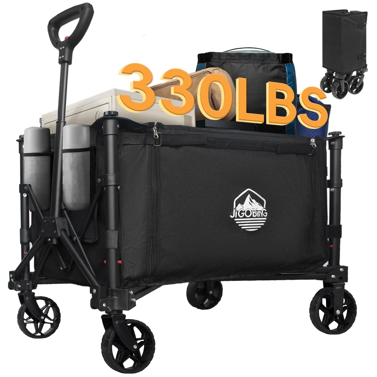 Collapsible Wagon, Portable Folding Wagons Carts with Wheels Foldable, 330lbs Heavy Duty Beach Wagon Outdoor Utility Cart with Dual Side Zipper, Cup Holders for Grocery Camping Garden Sports