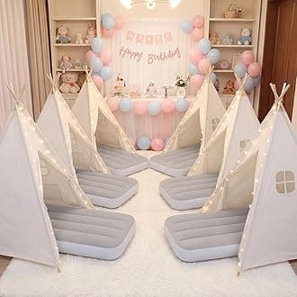 wilwolfer 6 Pack Kids Teepee Tent Bulk with Inflatable Airbed & Light, Natural Toddler Play Tent for Girls Boys Indoor Sleepover Slumber Party Birthday Gifts