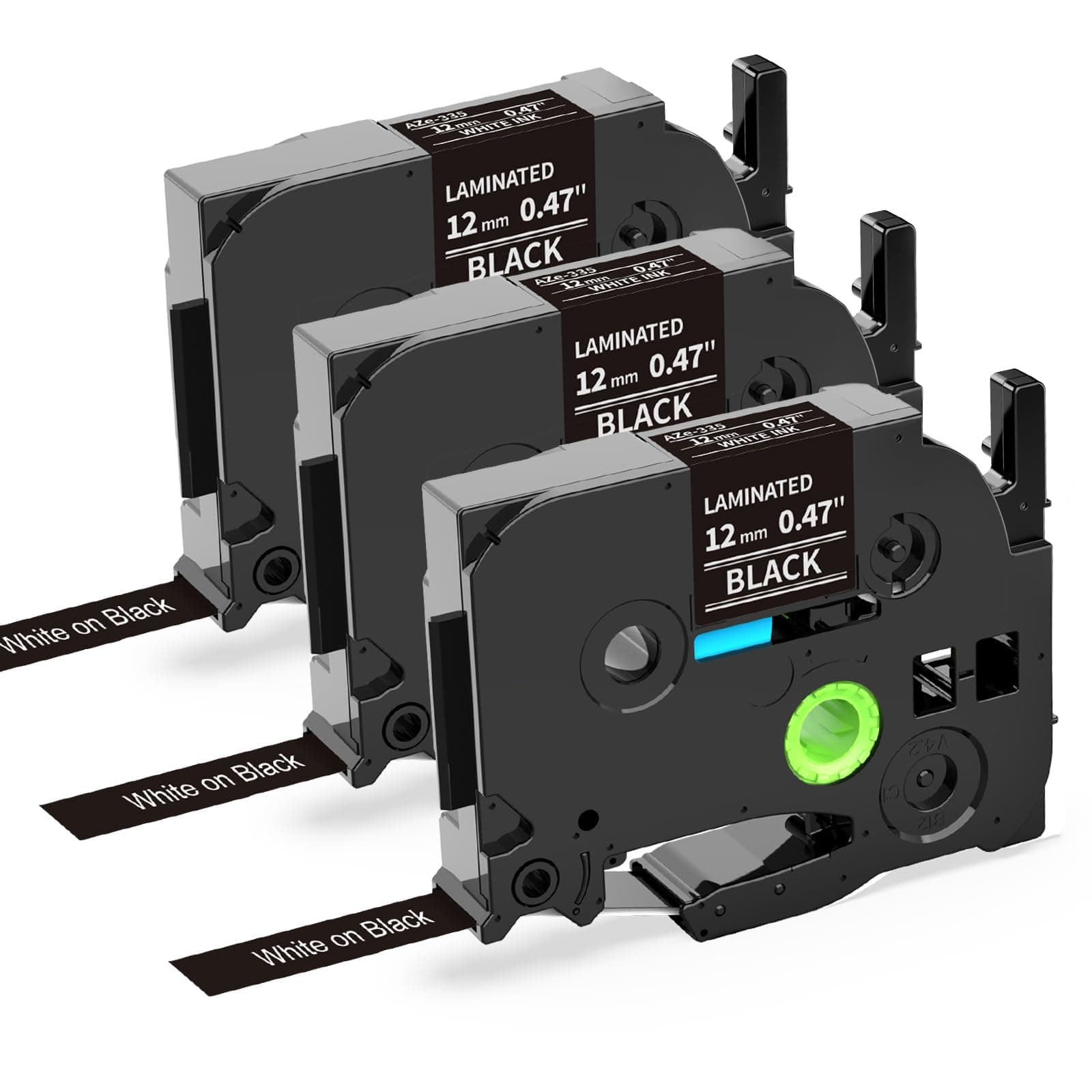 3X Oozmas Compatible with Brother Label Printer Tape Replacement for Ptouch White on Black Tape TZe 12mm 0.47 TZe-335, Compatible with Brother P-Touch PT-H110 H107B H100LB D400 H105 1000 E100