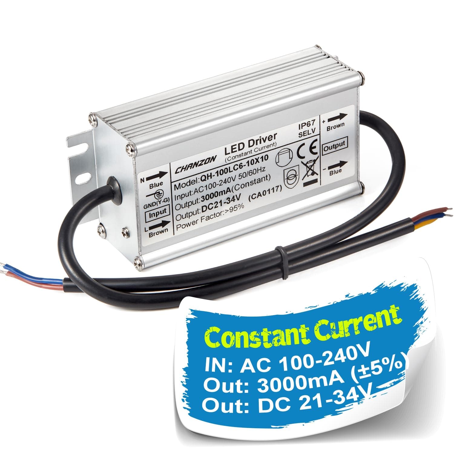 Chanzon LED Driver 3000mA (Constant Current Output) 21V-34V (In85-277V AC-DC) (7-10)x10 70W 80W 90W 100W IP67 Waterproof High Power Supply 3000 mA Lighting Transformer for 100 W COB Chips (Aluminium)