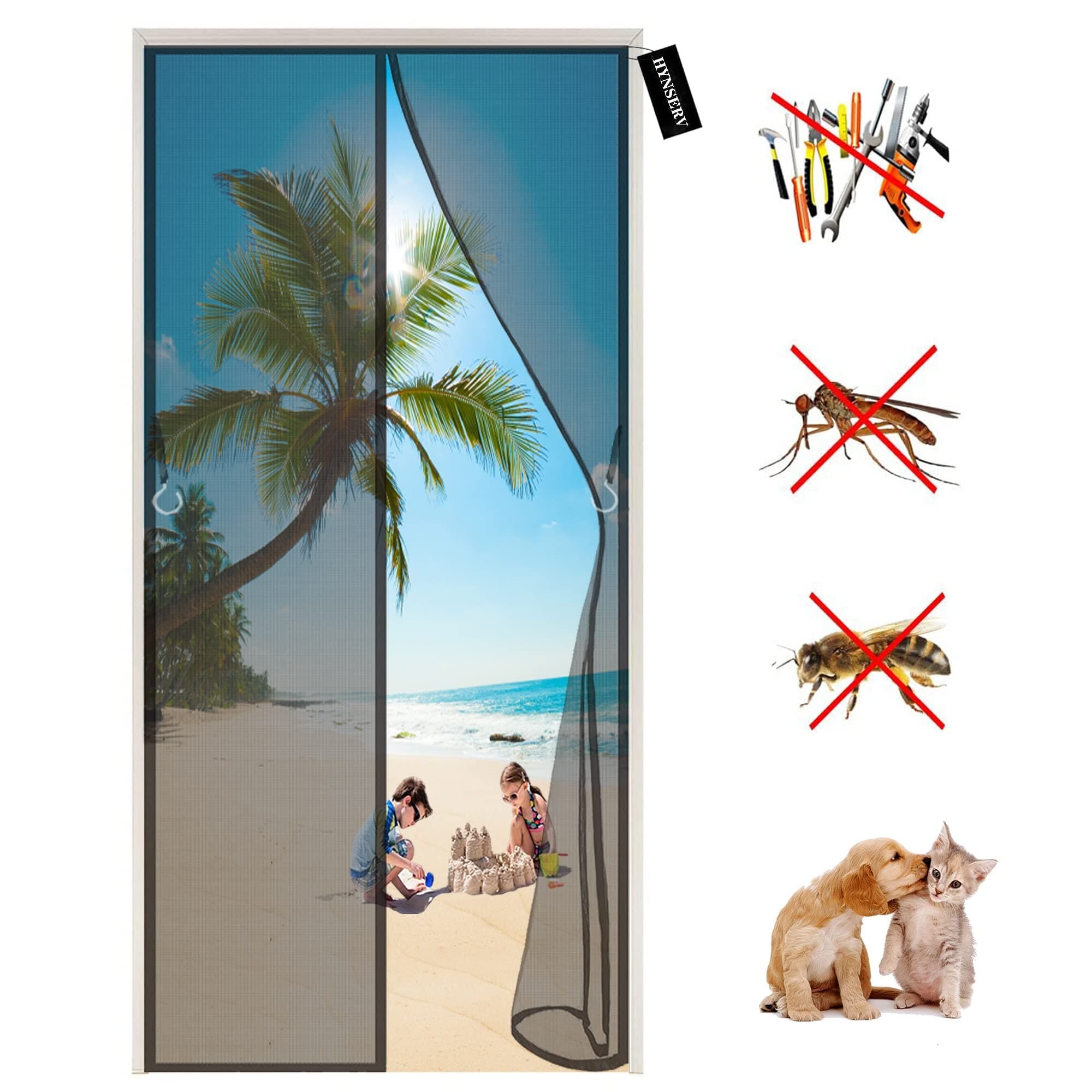 HYNSERV Magnetic Screen Door-Automatically closed Foldable-Magnetic Fly Insect Screen Door-Easy to Install Without Drilling-for living room/patio door 165 x 220 cm - Black A