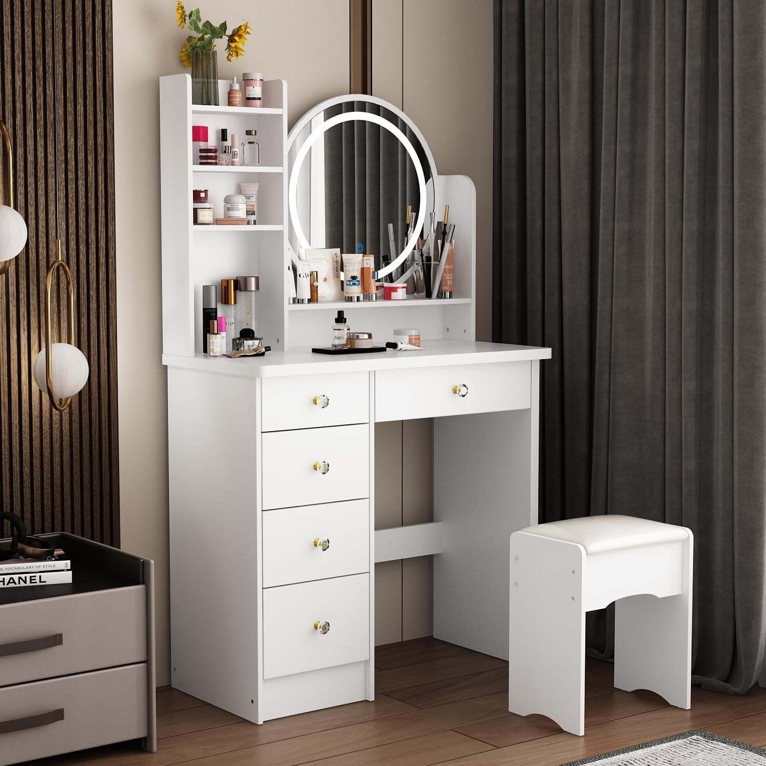 Vanity Desk Set with LED Lighted Round Mirror, Makeup Dressing Table with 5 Drawers, Storage Shelves & Cushioned Stool for Bedroom, White