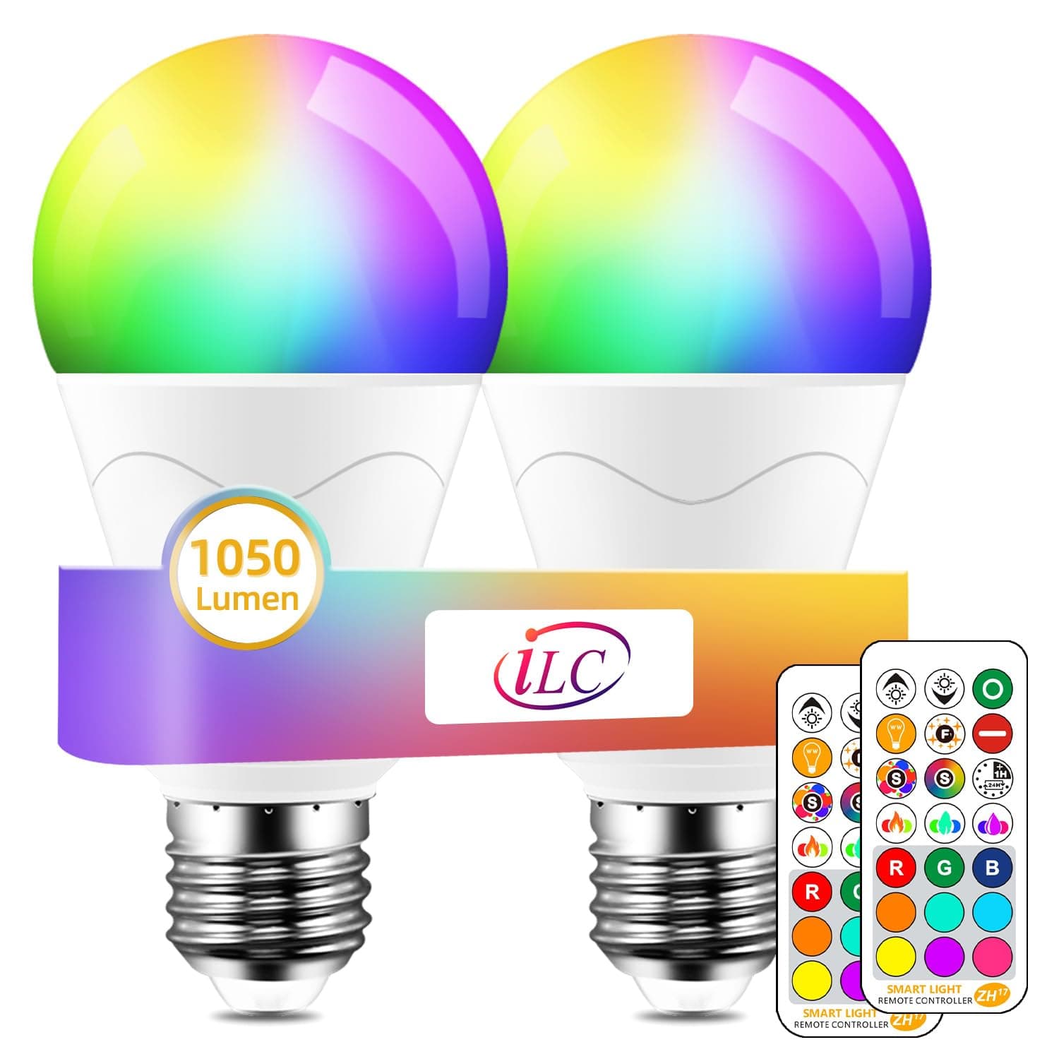 LED Light Bulb 85W Equivalent, 5700K Daylight White Color Changing Light Bulbs with Remote Control RGB 6 Modes, Timing, Sync, Dimmable E26 Screw Base (2 Pack)