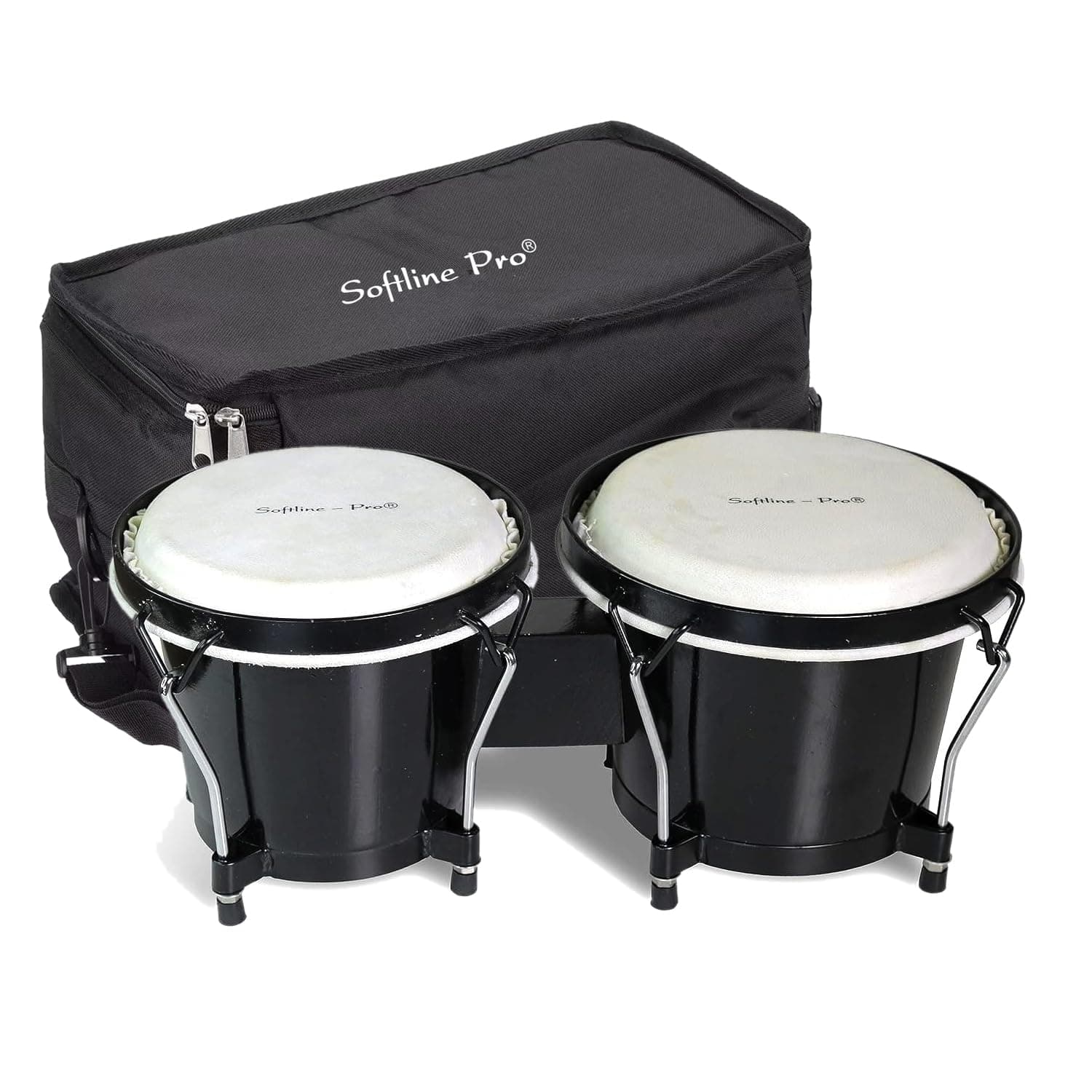 Softline Pro Bongo Drum Set with Tuning Wrench & Padded Professional Wooden Percussion Instrument for Beginner Adults Kids - Natural Skin (Black)