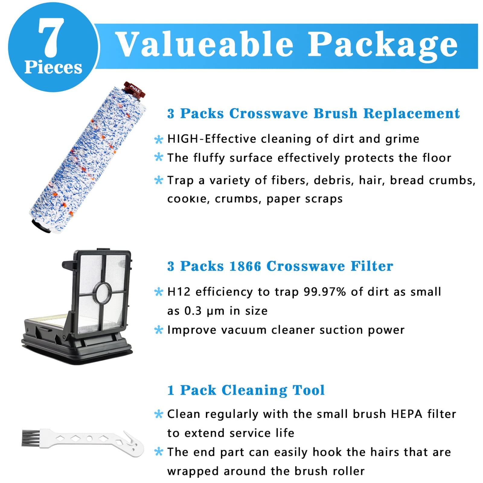 LUXRILIX 3 Pack 1868 CROSS WAVE Brush Replacement and 3 Pack Replacement Filters 1866 for Bissel CrossWave 1785 2306 Vacuum Cleaner Compare to Part # 1608683 160-8683 1608684