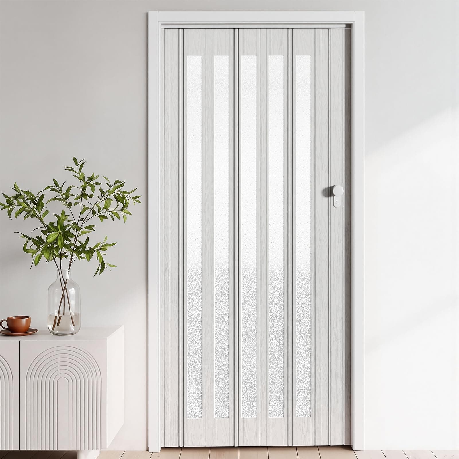 INMOZATA Folding Doors Internal PVC Plastic Features Artistic Patterned Glass Internal Doors with Handle Sliding Concertina Door Panel Divider, Thickness 10mm