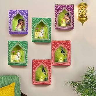 CraftVatika Jharokha Diyas with LED Candle Diwali Decoration Items, Wall Hanging, Home Decor Items Festive Decor Item, DIY Craft Traditional Jharokha Box Set of 6