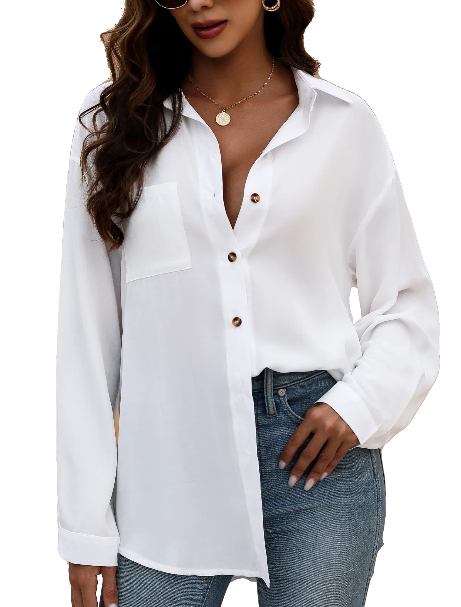 KYLELOVEWomens Button Down Collared Shirts Long Sleeve Blouses Oversized Causal Tops with Pocket