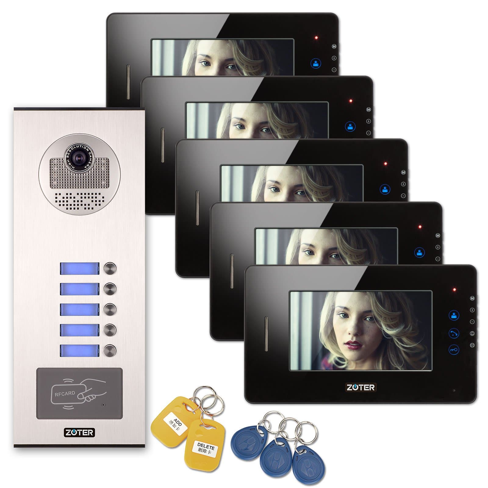 SOTER SECURITY Wired 7" Inch TFT LCD Color Touch Key Screen Monitor 600TVL HD Camera Video Door Bell Phone Intercom RFID Card Access Control Home Gate Security System for 5 Families Apartment