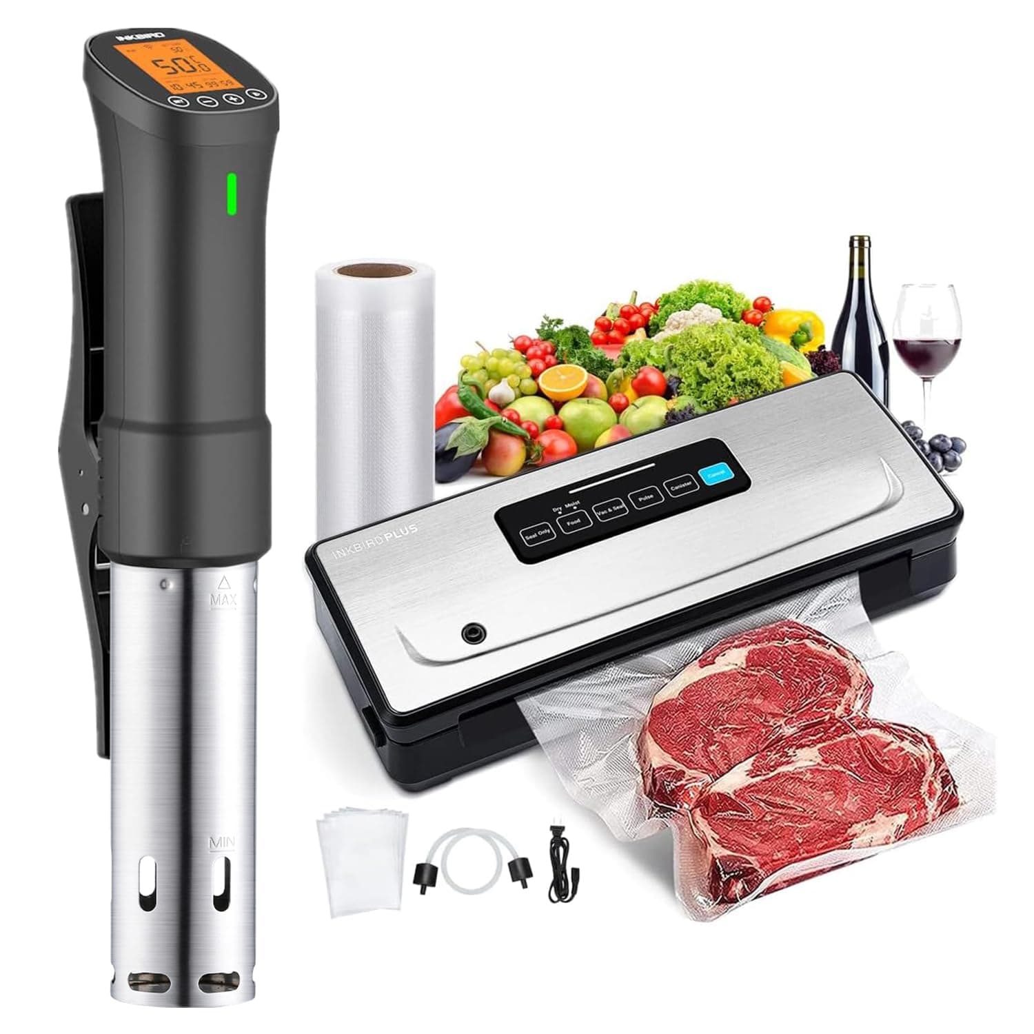 INKBIRD Sous Vide Combo Kit Includes Smart WIFI Immersion Circulator with Timer & Recipes and Dry/Wet Vacuum Sealer Machine with 85kPa Suction Power for Precision Culinary Home Food Water Bath Cooking