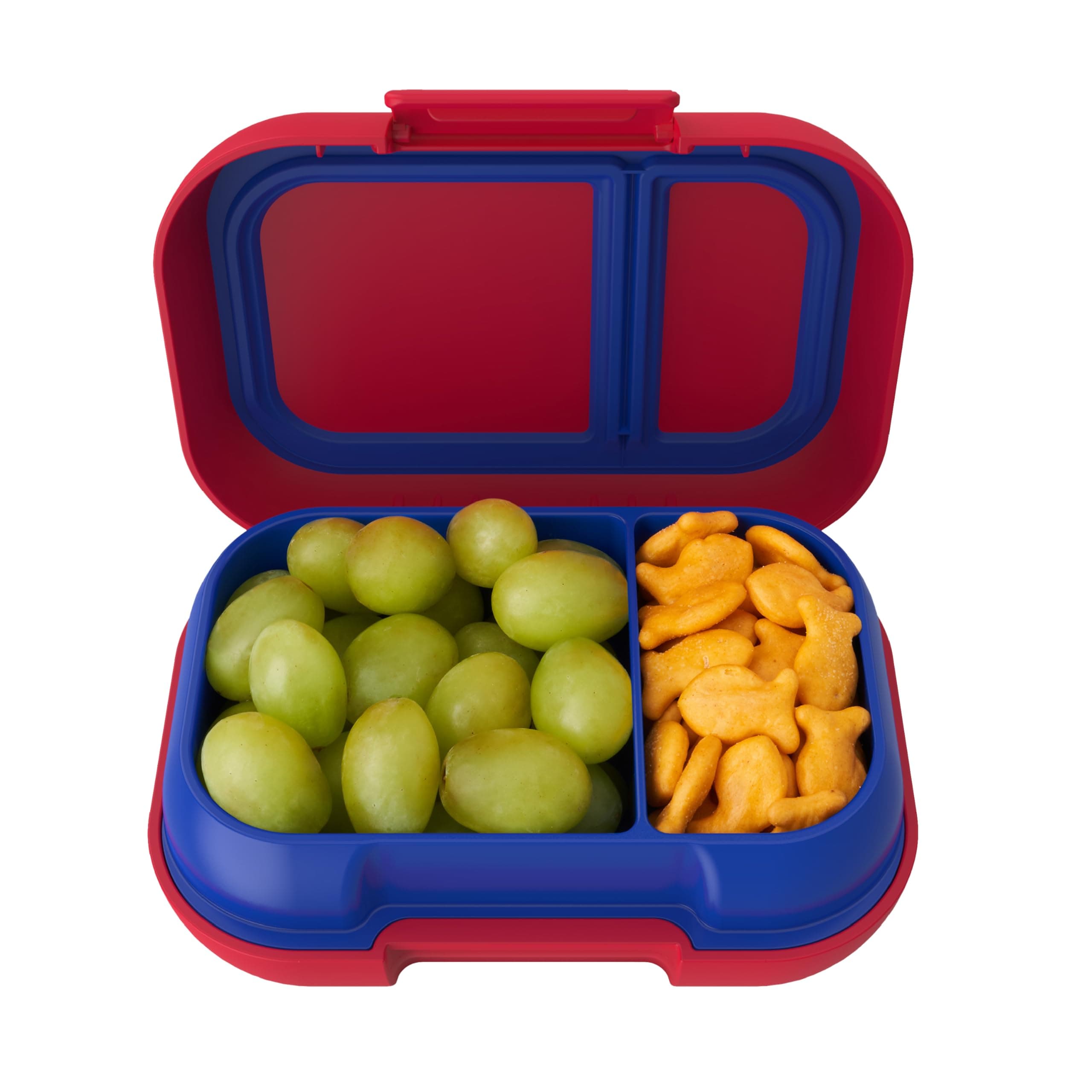 Kids Snack - 2 Compartment Leak-Proof Bento Box Container for Snacks and Small Meals, Easy-Open Latch, Dishwasher Safe, BPA-Free for School, Daycare, & Sports - Ideal for Ages 3+ (Red/Royal)