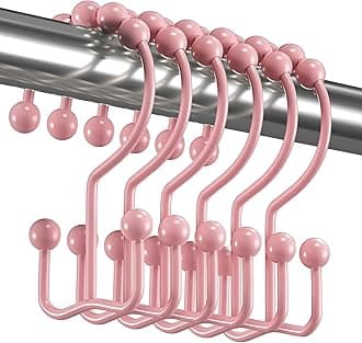 Shower Curtain Hooks Rings, Rust-Resistant Metal Double Glide Shower Hooks for Bathroom Shower Rods Curtains, Set of 12 Hooks - Light Pink