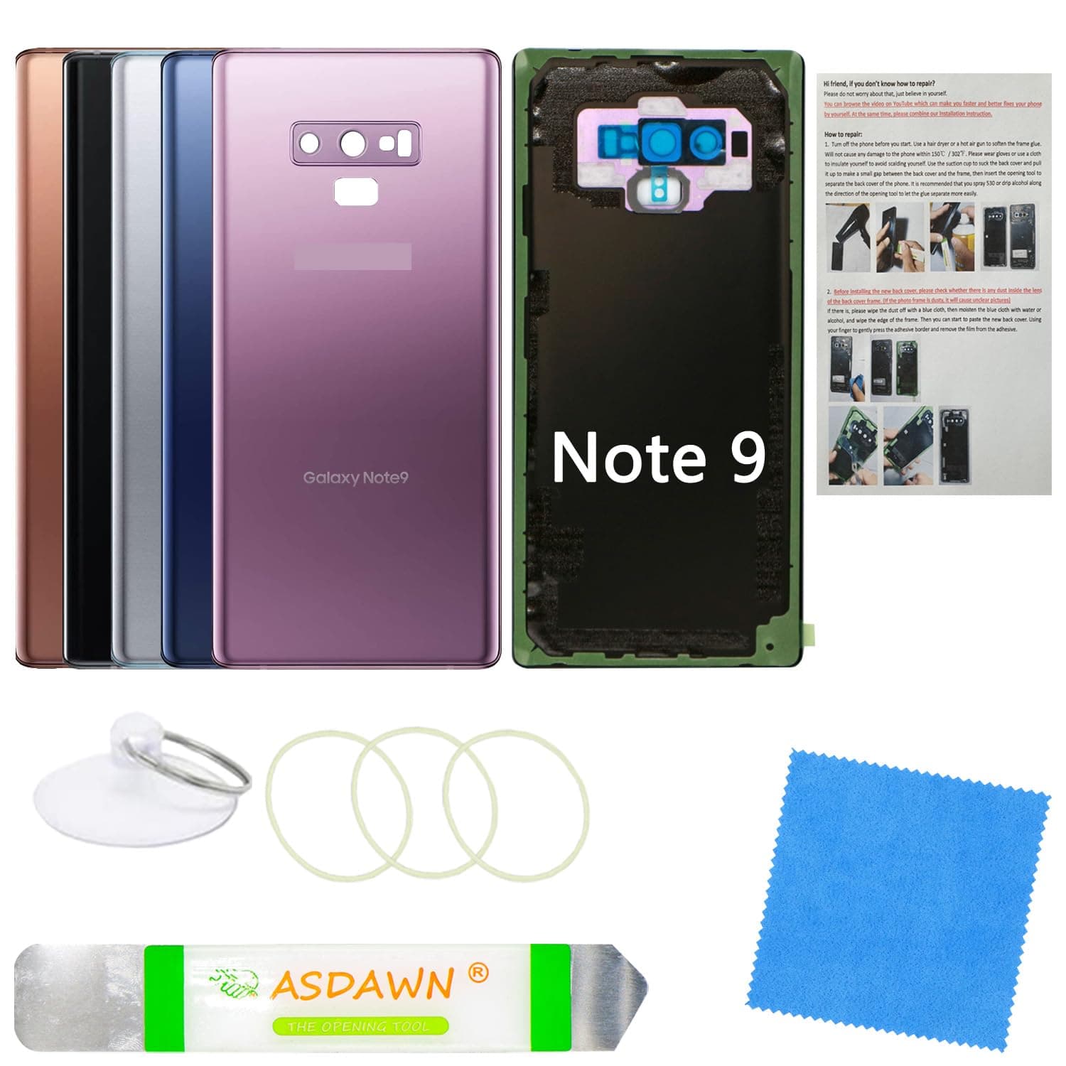 Galaxy Note 9 Back Glass Cover Replacement Housing Door with Pre-Installed Camera Lens+Installation Manual+Repair Tools for Samsung Galaxy Note 9 SM-N960 All Carriers(Lavender Purple)