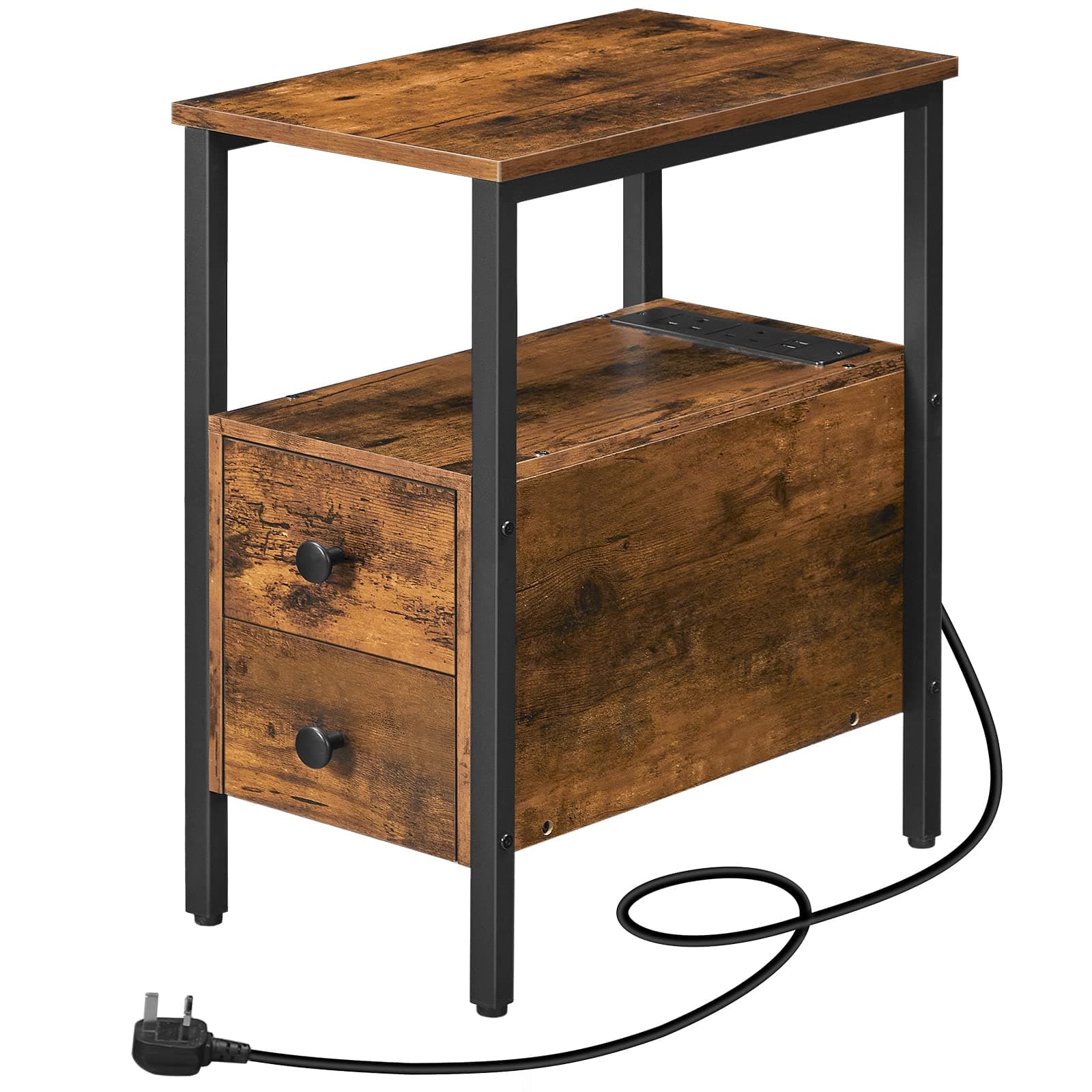 Side Table, Narrow Bedside Table with Charging Station, USB Ports and Power Outlets, Slim Side Table for Small Spaces, 2 Drawers, Industrial Nightstand, Rustic Brown and Black EBF548KBZ01G1