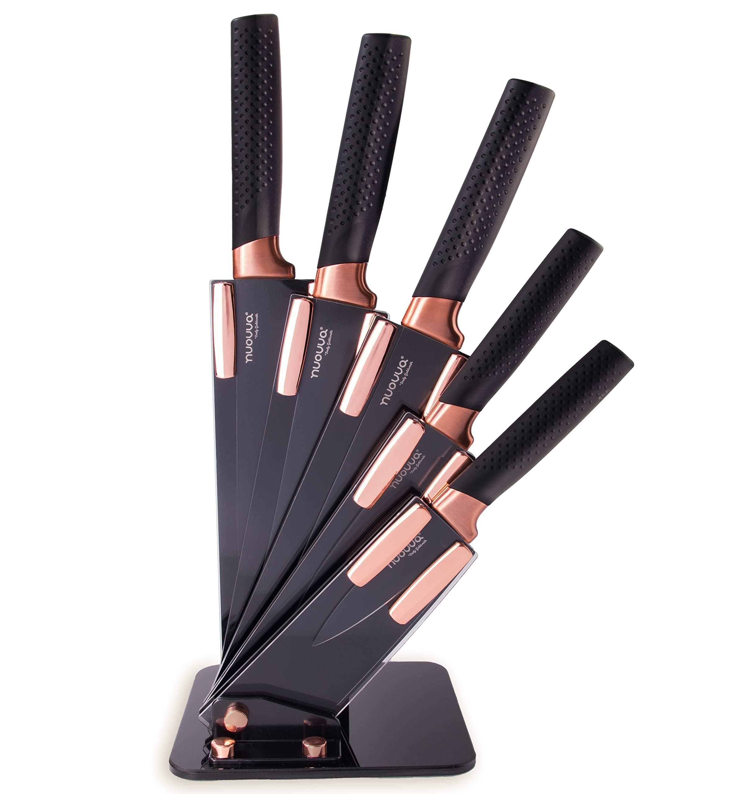 Kitchen Knife Block Set Copper 5 Piece Set with Knives Clear Acrylic Block Stainless Steel Blades - by Nuovva