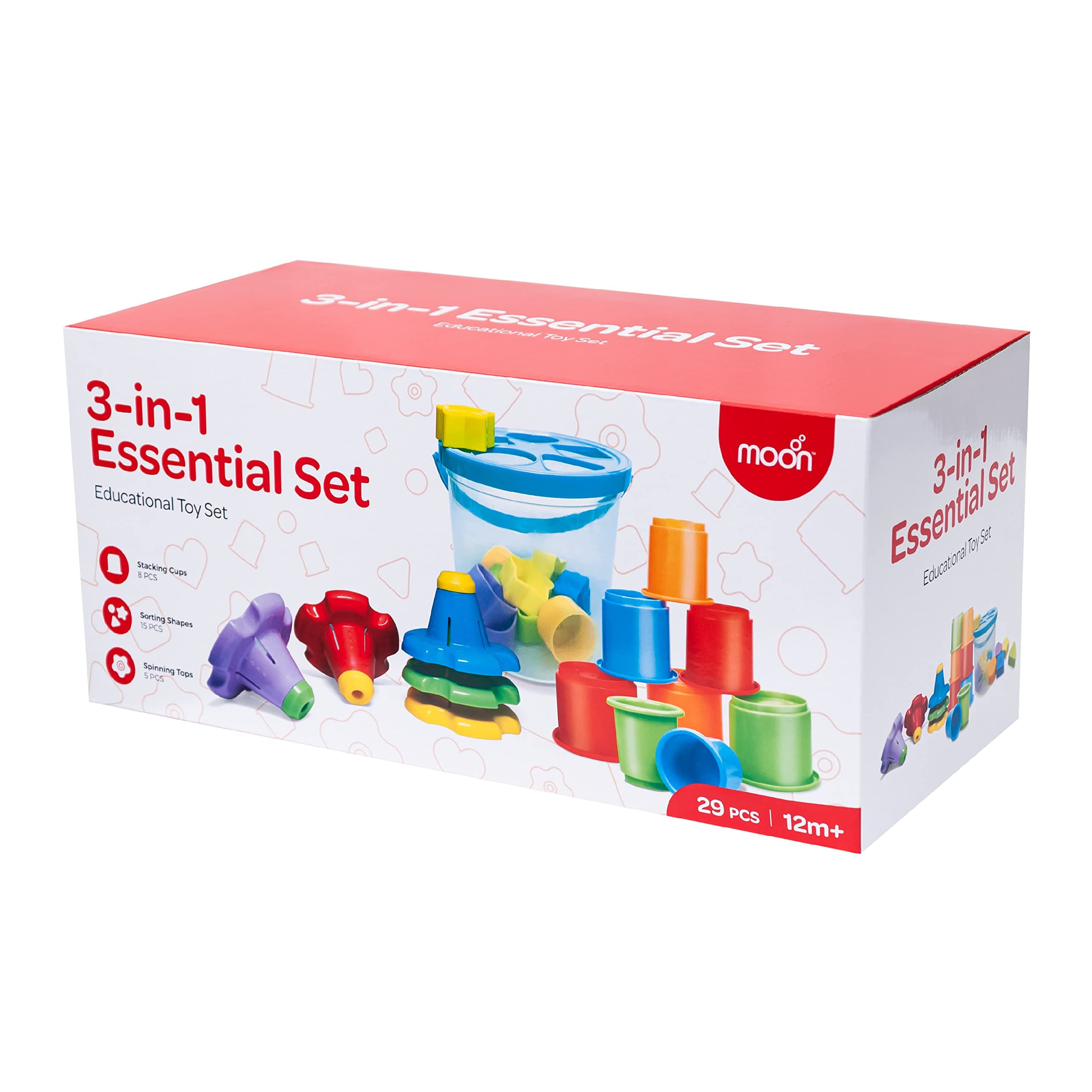 The Moon Brand 3in1 Essential Set – Educational Sorting and Stacking Toy – Montessori Learning Sensory Game – Fine Motor Skills Development Toy for Gifting & Birthdays – 29 PCS – 12m+