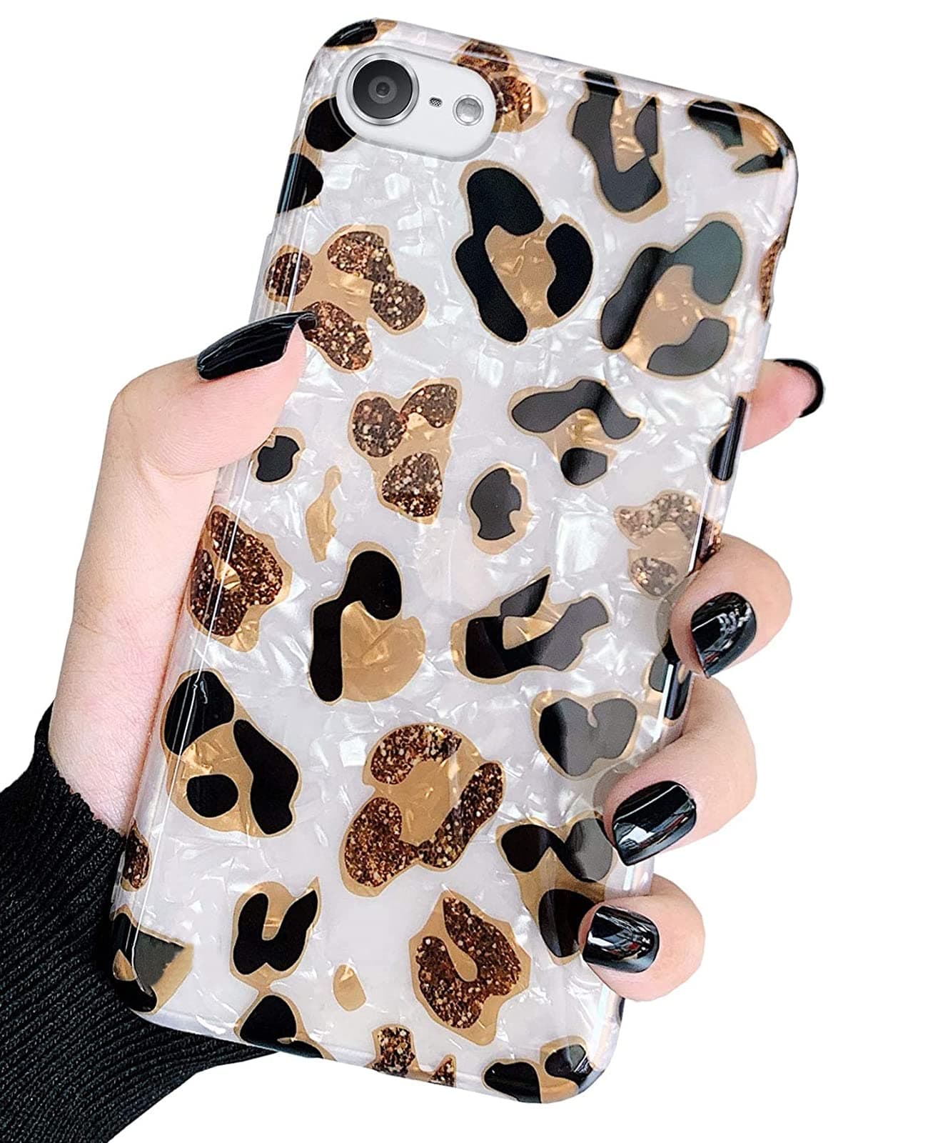 J.West iPod Touch 7th Gen Case - Sparkle Translucent Clear Glitter White Leopard Print Soft TPU Silicone Case Cover for Girls Women