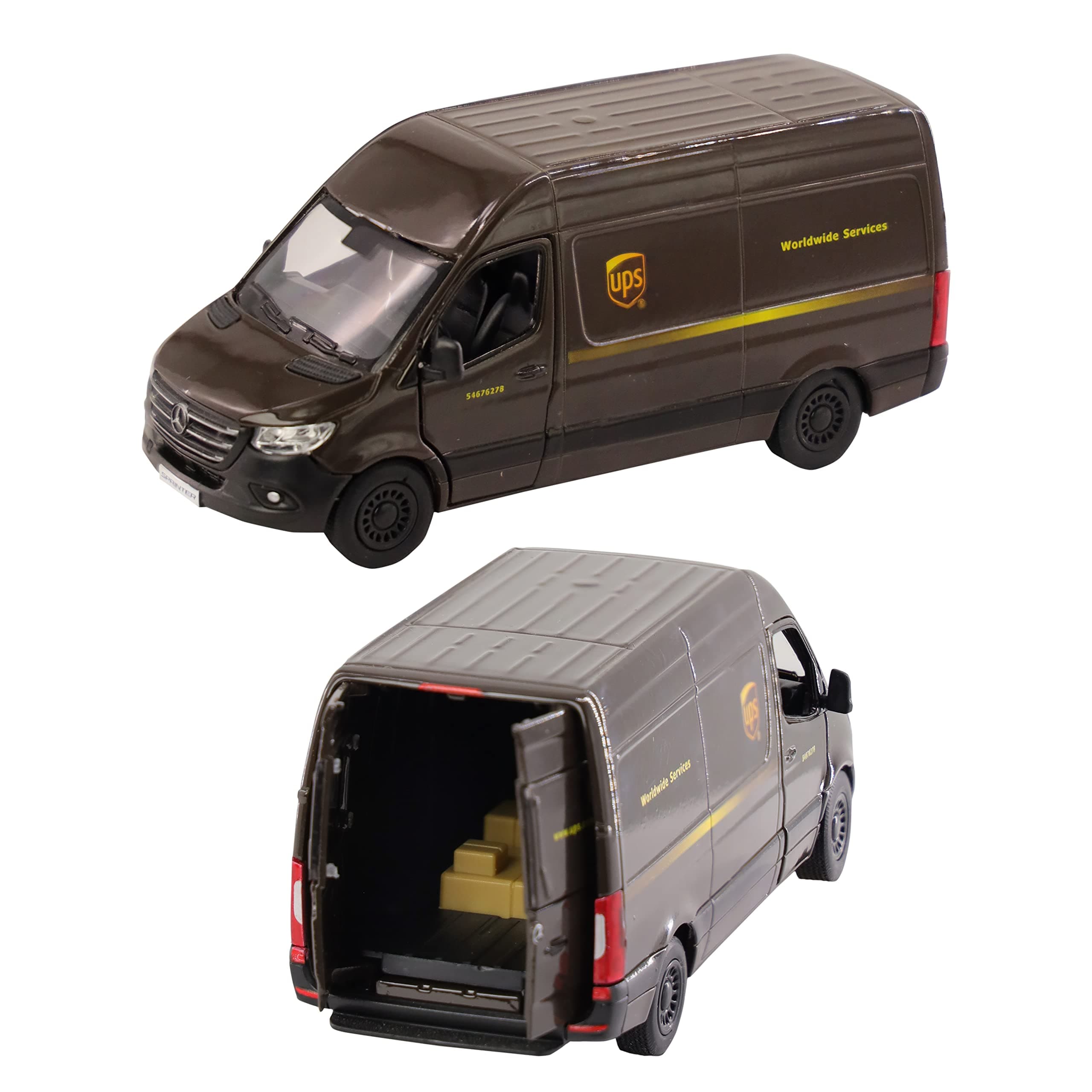 Official Licensed Mercedes Benz Sprinter UPS Panel Van - 1:48 Scale, with Open and Close Doors, Metal Die Cast, Pull Back and Go, Action Toy Collectors Model