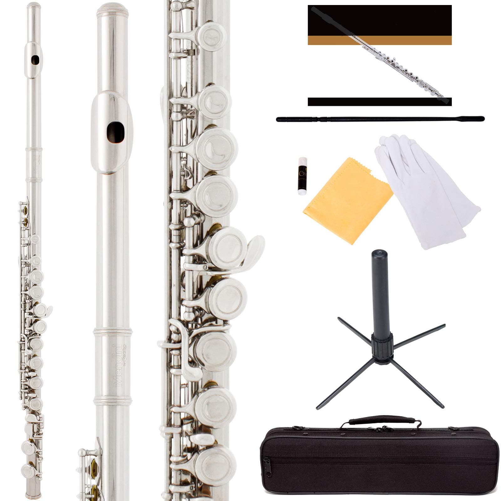 Mendini by Cecilio Premium Grade Silver Closed Hole C Flute with Stand, Book, Deluxe Case and Warranty, MFE-JS+SD+PB