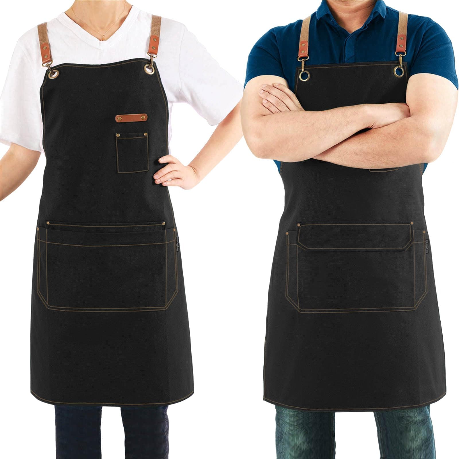 – Canvas Apron with Pockets and Cross-back Straps for Chef Kitchen Cooking BBQ, Barista Bartender Barber Shop and Art Gardening Work Professional Aprons - Black