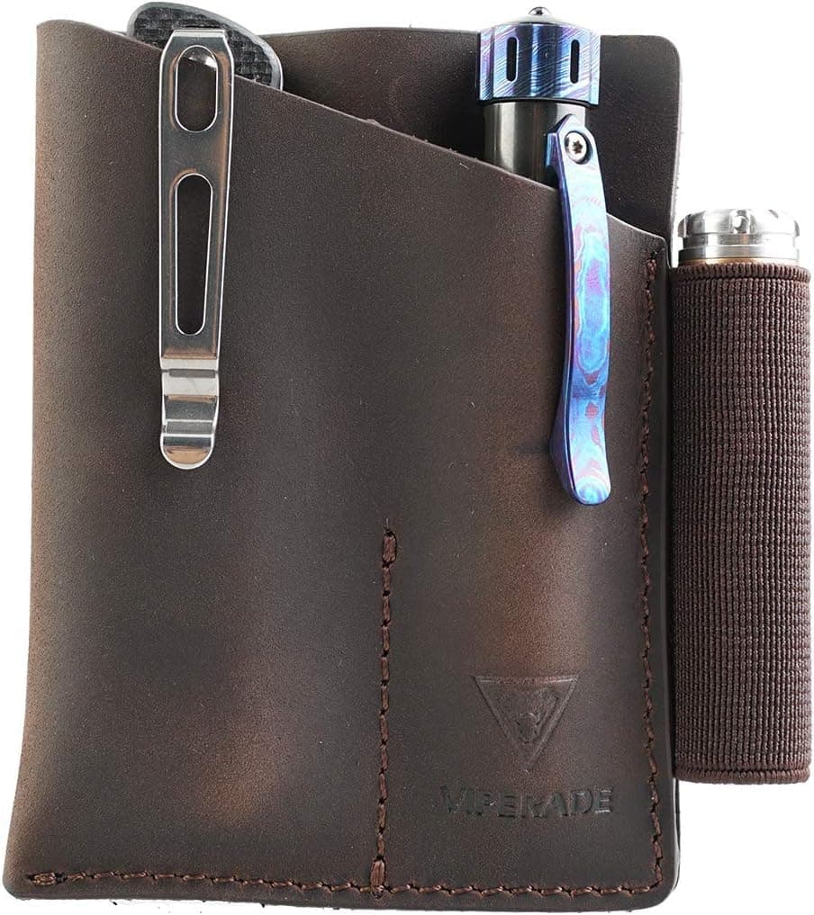 PJ12 Leather EDC Pocket Organizer for Belt, Multitool and Flashlight Holster, Leather EDC Holster with Pen Loop, EDC Leather Knife Sheath with Belt Clip