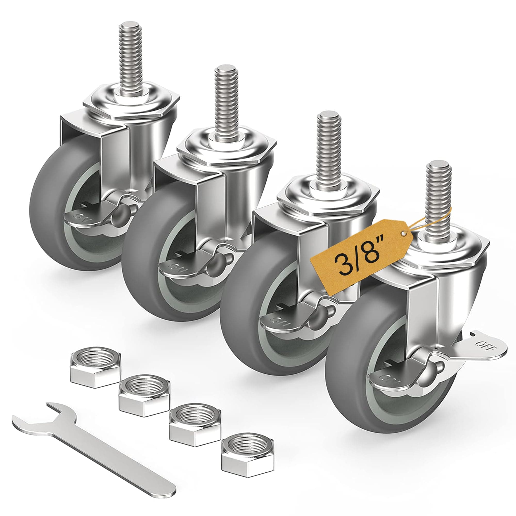 HOLKIE Caster Wheels 3" Locking Stem Casters 3/8" -16" x 1-1/2" (3/8" Stem Diameter, 1-1/2" Stem Length) Threaded Stem Casters Swivel Casters Set of 4 Heavy Duty Casters Set of 4 Gray Furniture