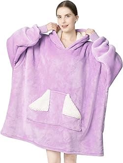 Wearable Blanket Hoodie, Oversized Sherpa Blanket Sweatshirt with Hood Pocket and Sleeves, Super Soft Warm Plush Hooded Blanket for Adult Women Men (Purple)