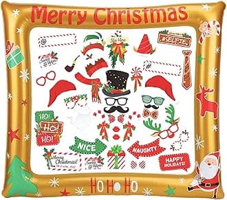 POPOYU Christmas Inflatable Photo Booth with 38Pcs Props Selfie Picture Frame for Family Party,Christmas Party Game Accessories Supply,Giant Celebration Blow Up Prop, Xmas Gold, 10x20cm, color
